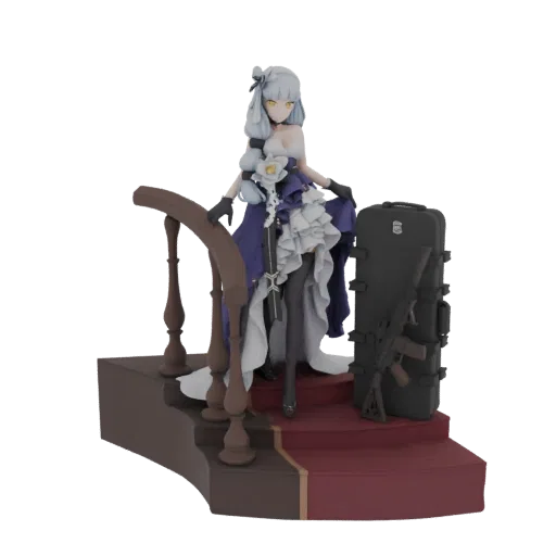 3D model of an elegant ballerina in a white and purple gown, holding a rifle next to a black case, standing on a red carpeted