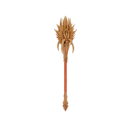 A 3D render of an ornate wooden staff with a spiky, organic head and a decorative base, presented on a white background.