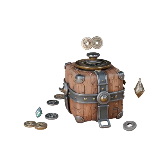 Adventurer Coin Pouch Modular 3D model, isometric modular kit view, showing aged wood, clear pickup silhouette.