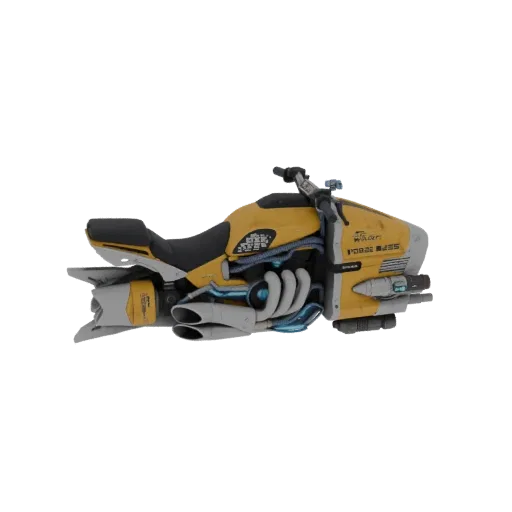 A detailed 3D model of a futuristic yellow motorcycle with exposed engines and blue accents, viewed from the side.