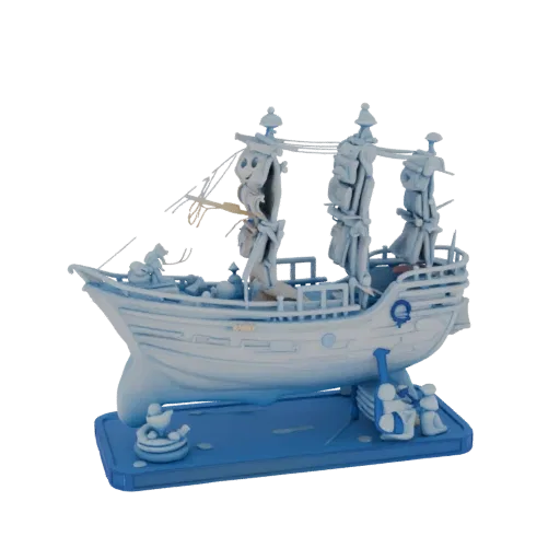 3D model of a steampunk sailing ship with worker figures and shipbuilding elements on a blue stand