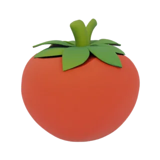 A 3D render of a stylized, cartoonish red tomato with a green stem and leaves, presented on a white background.