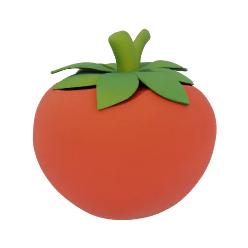 Ein 3D-Render einer stilisierten, cartoonartigen roten Tomate mit grünem Stiel und Blättern, präsentiert auf weißem Hintergru