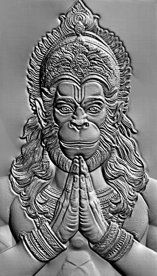 3D model of Hanuman bas-relief in prayer pose, with detailed headdress and ornaments