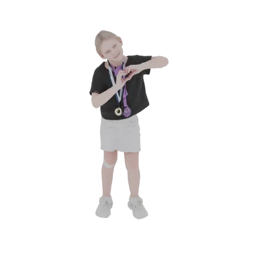 3D model of a young girl with blonde hair, wearing a black shirt and white skirt, proudly displaying medals and making a hear