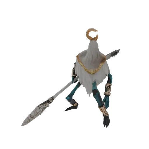 3D model of an ethereal warrior with a white flowing robe, golden accents, and an ornate spear, posed dynamically.