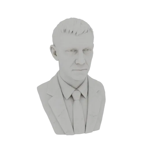Rendu 3D d'un buste monochrome d'homme en costume et cravate, regardant légèrement de côté.