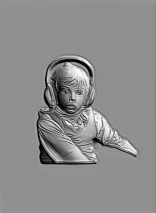 3D model of a child in headphones bas-relief, designed as a medallion, with detailed facial features and clothing.