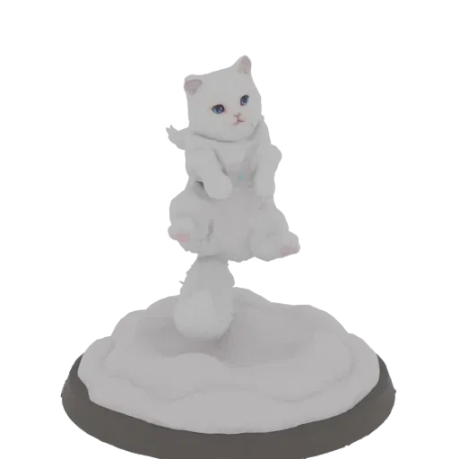 3D render of a cute white kitten with blue eyes, sitting playfully on a fluffy white base.