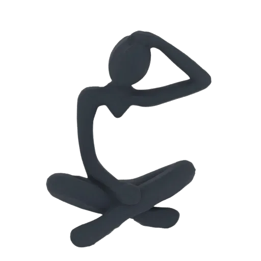 A dark gray, abstract 3D model of a human figure meditating in a cross-legged pose with one hand touching its head.