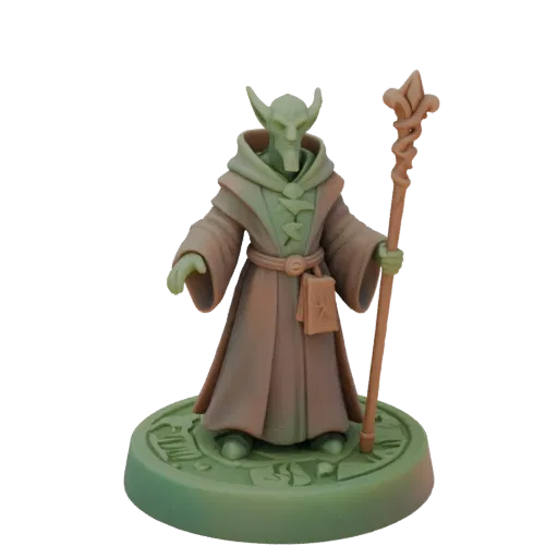 Figurine STL de magicien Tieffelin médiéval, rendu trois-quarts sur table, figurine de lanceur de sorts imprimable en résine