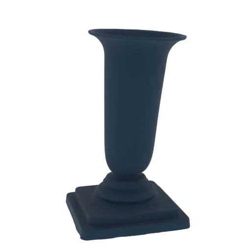 Un modèle 3D d'un vase à pied classique bleu foncé avec une base carrée et une ouverture évasée, présenté sur fond blanc.