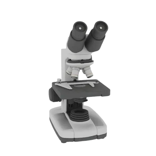Modèle 3D de Microscope Biologique, vue de trois quarts avant, rendu studio AR, montrant le verre, formes de laboratoire reco