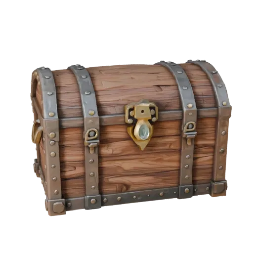 Adventurer Treasure Chest Low Poly 3D model, game viewport three-quarter view, showing aged wood, form detail.