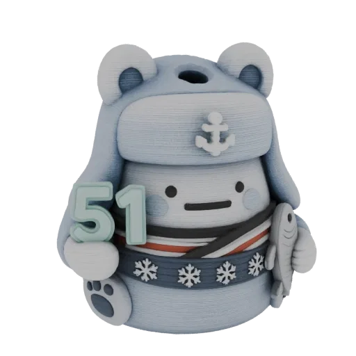 3D render of a cute blue sailor bear character holding a fish and the number 51, wearing a sailor hat with an anchor.