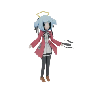 Modello 3D di una ragazza angelo anime con capelli blu, occhi verdi, aureola e che indossa un cappotto rosso e un vestito bia