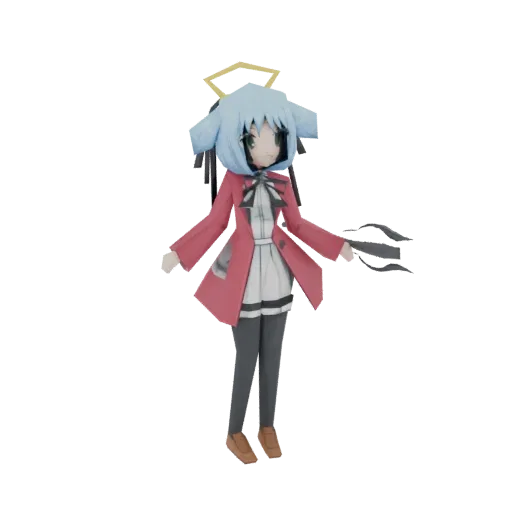 3D-Modell eines Anime-Engelmädchens mit blauen Haaren, grünen Augen, einem Heiligenschein und einem roten Mantel und weißem K