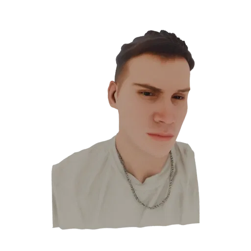 Render 3D de joven con pelo corto castaño y cadena plateada, mirando ligeramente hacia abajo.