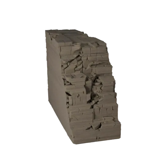 Eroded Ravine Wall Modular 3D model, isometric modular kit view, showing stratified stone, layered vegetation clusters.