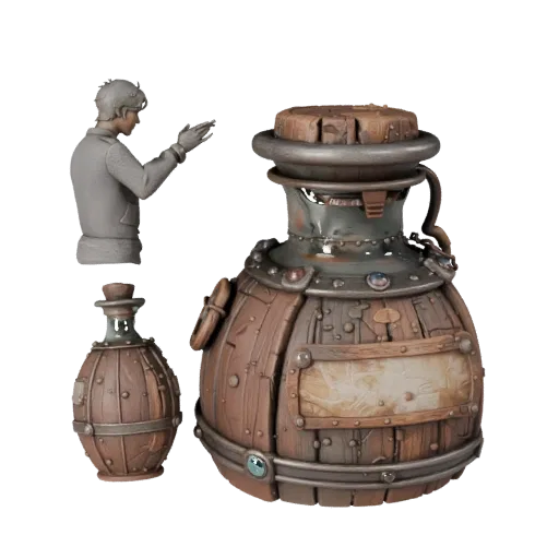 Adventurer Potion Bottle High Poly 3D model, close-up studio render, showing aged wood, clear pickup silhouette.