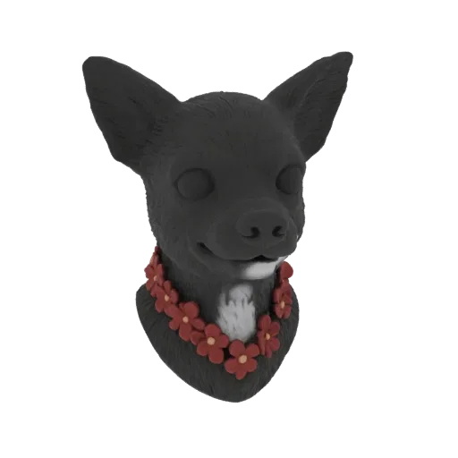 3D model of a black Chihuahua dog's head wearing a red flower lei, presented on a white background.