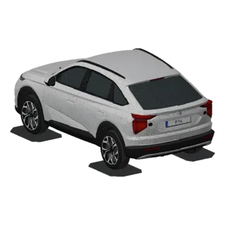 A 3D render of a white coupe SUV with dark tinted windows, viewed from a rear three-quarter angle.