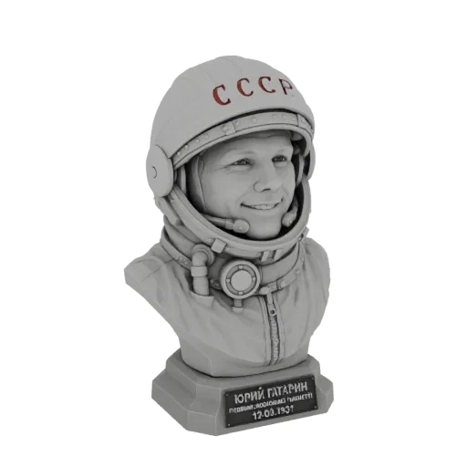 3D model bust of Yuri Gagarin wearing a space helmet with 'CCCP' insignia, set against a black background.