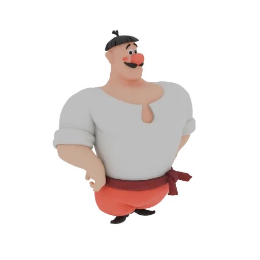Rendu 3D d'un personnage Cosaque cartoon avec moustache, nez rouge, chemise blanche et pantalon rouge, posé les mains sur les