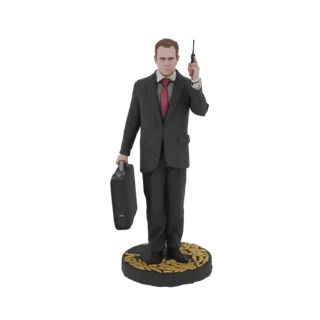 3D model of a businessman in a dark suit holding a briefcase and a walkie-talkie, standing on a base of golden bullets.