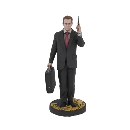 3D model of a businessman in a dark suit holding a briefcase and a walkie-talkie, standing on a base of golden bullets.