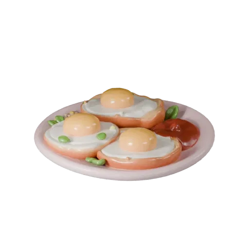 Fried Egg 3D model, three-quarter front view, Unity viewport, showing sauces, plated composition.