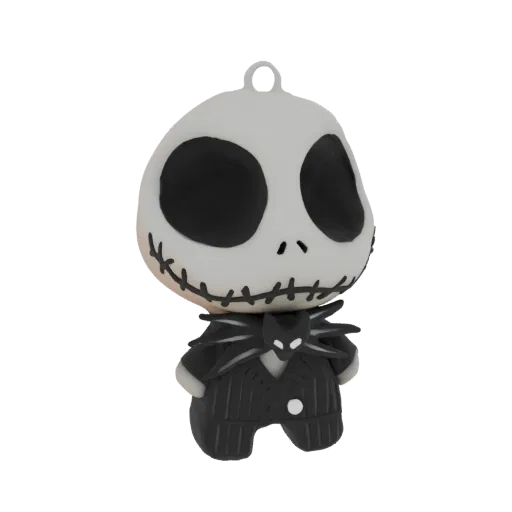 3D model of a Chibi Jack Skellington character wearing his iconic striped suit and bat-wing collar, with a stitched smile and