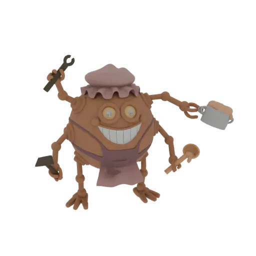 Un render 3D de un robot panadero marrón, redondo y fantasioso con múltiples brazos, vistiendo un gorro de chef y delantal, s
