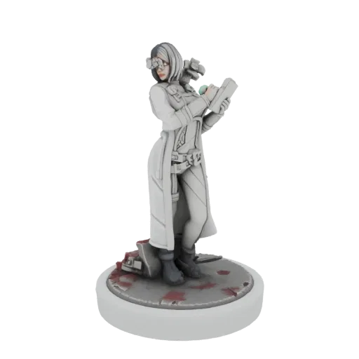 3D model of a sci-fi medic in a white lab coat, holding a syringe, standing on a blood-splattered base.