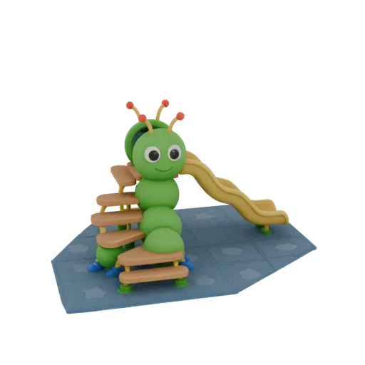 3D model of a green caterpillar playground slide with yellow slide and wooden steps on a blue mat.