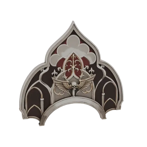 3D model of a gothic archway with a central skull and wings emblem, featuring intricate architectural details and dark, metallic finishes.
