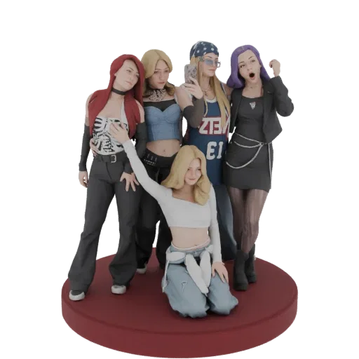 3D model of five stylish young women posing together for a selfie, with one kneeling in front holding a phone.