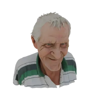 Modèle 3D d'un vieux bonhomme grincheux avec des cheveux blancs, des rides et une expression sévère, portant un polo rayé.