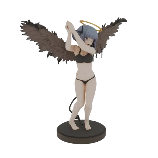 3D model of a dark angel with black wings, a golden halo, wearing a black bikini, striking a pose on a dark circular base.