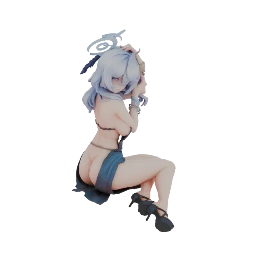 3D model of a blue-haired angelic figure with a serene expression, seated gracefully with a flowing blue garment.