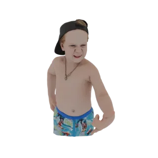 3D model of a young boy wearing a black baseball cap and blue patterned swim trunks, striking a rockstar pose with a determin