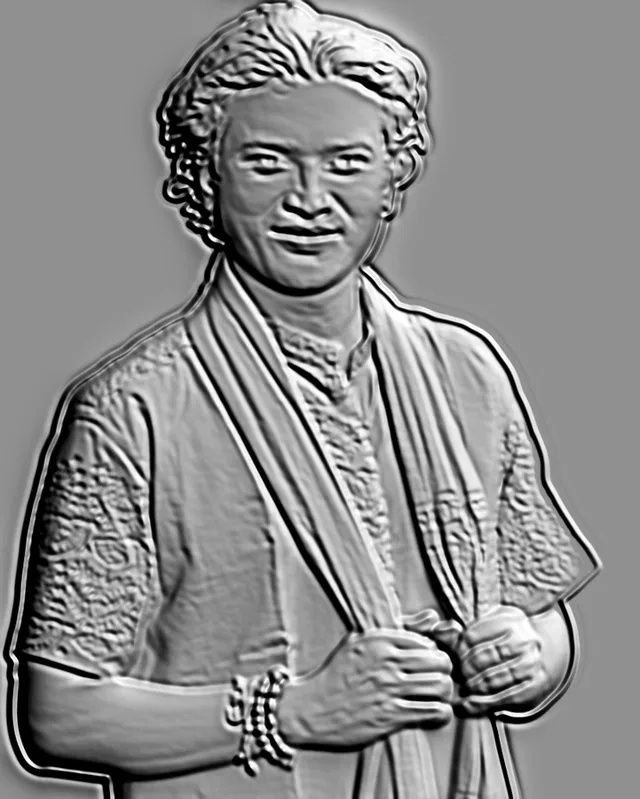 3D-Modell eines Basreliefs eines Frauenporträts im Kopftuch im Skulpturenstil, mit hoher Detailgenauigkeit der Gesichtszüge u