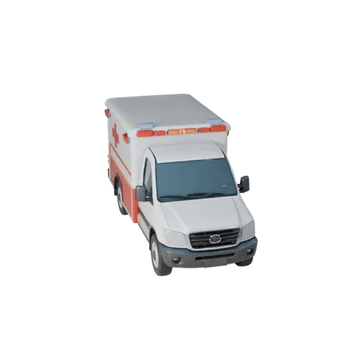 Modello 3D Ambulanza, vista studio tre quarti, asset veicolo pronto per l'animazione con linee della carrozzeria, vetri, carr