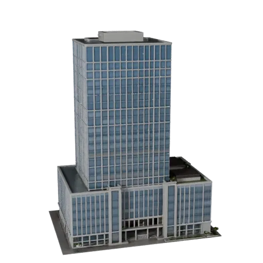 Mixed Use Skyscraper realistic 3D model, three-quarter exterior view, showing commercial office building materials and architectural detail