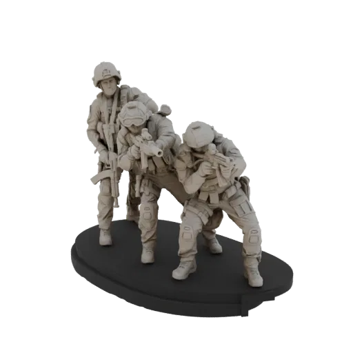 3D model of a tactical squad of three soldiers in realistic military gear, posed dynamically on a base.