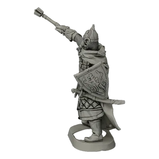 3D model of a medieval warrior in chainmail and plate armor, holding a mace and shield, on a black background.