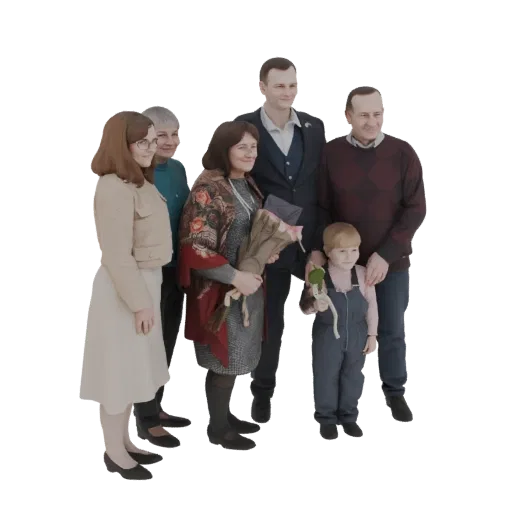 3D model of a family group posing for a portrait, including adults and a child.