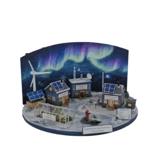 3D model of an Arctic research station diorama with buildings, wind turbine, solar panels, greenhouse, snowmobile, and aurora