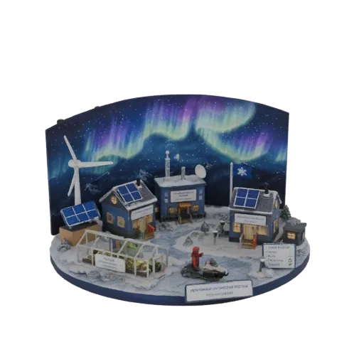 3D model of an Arctic research station diorama with buildings, wind turbine, solar panels, greenhouse, snowmobile, and aurora