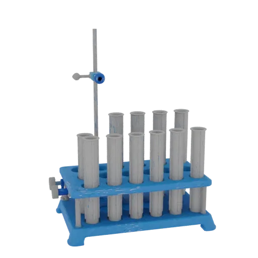 Classroom Test Tube Rack High Poly 3D model, close-up studio render, showing glass, recognizable lab forms.